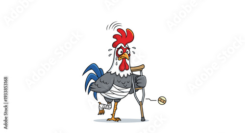 Sad injured rooster with white bandages and a wooden crutch stands near a baseball while crying after a sports accident.