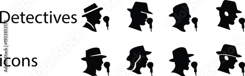 Detective Icon set with hat, Sherlock Style Silhouette, Mystery Investigation Symbols, Anonymous invisible character Crime Scene Clues, Forensic Evidence, Private Investigator Logo for Web App Design
