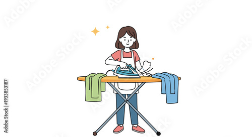 Woman wearing an apron and a red shirt carefully irons clothes on a wooden board with steam rising from the iron.