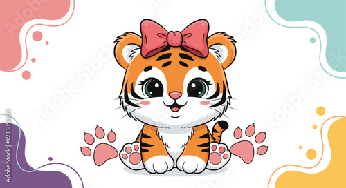 Adorable baby tiger cub with a large pink bow on its head sits calmly amidst colorful and bright abstract floral shapes.