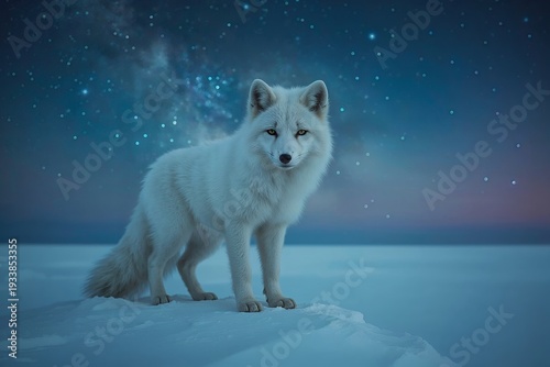 An arctic fox stands on a snow-covered surface in the Arctic during winter. The night sky is clear, showing stars and a hint of color. The cold environment surrounds the fox.