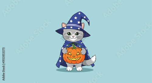 Cute gray and white kitten wearing a blue wizard hat and cape holds a carved orange Halloween pumpkin lantern.