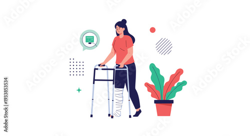 Young woman with injured leg in white bandage cast using medical mobility walker frame to walk on white background.