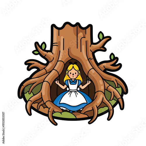 A cartoon girl sitting inside a hollow tree surrounded by roots and green leaves viewed from the front