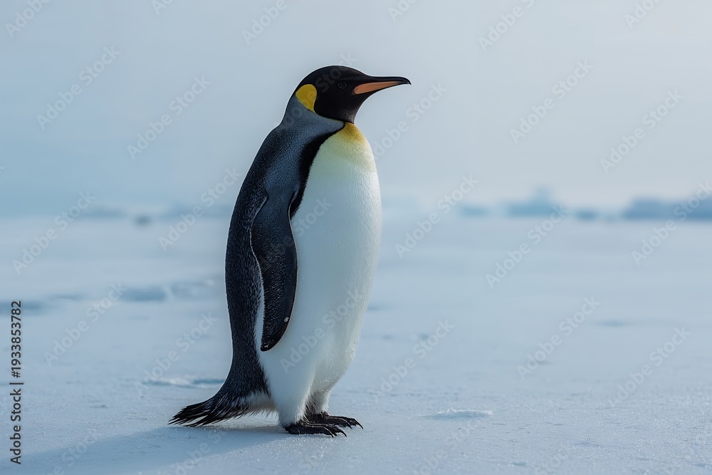 Obraz premium A lone emperor penguin stands on the ice in the Arctic. The scene shows the cold environment typical of winter. The penguin remains still on the icy surface, observing its surroundings.