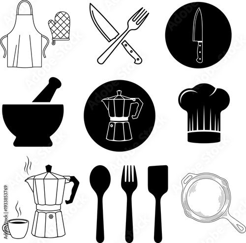 Comprehensive Kitchen & Cooking Tools Vector Icon Set: Essential Chef's Equipment, Utensils, and Appliances for Food Preparation, Recipes, & Culinary Websites – Black & White Line Art.