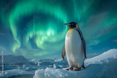 A penguin stands on a piece of ice while colorful northern lights shine in the sky. The scene shows the cold of winter in the Arctic with clear visibility of the auroras.