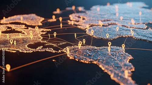 Global logistics network and distribution tracking map. Supply chain management and shipping routes. Glowing location pins connected by lines across a stylized world map