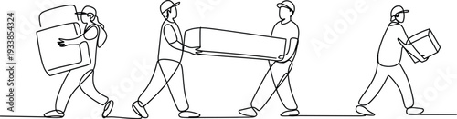 Teamwork relocation line art illustration, people carrying furniture and boxes, moving concept, delivery teamwork, collaboration, physical labor design