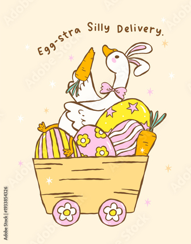 Coquette spring silly goose easter with carrot in egg wood cart cartoon hand drawn