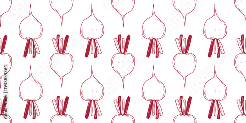 Seamless pattern with hand drawn beetroot silhouette. White background with red vegetable outlines. Healthy organic food print, for product packaging, paper, store, vector graphics