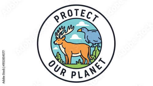 Vibrant eco friendly logo with deer and bird protecting planet