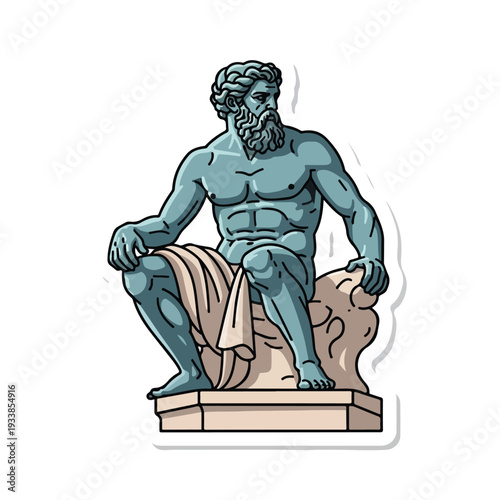 Illustration of a seated male figure with a beard on a stone pedestal from a slightly elevated viewpoint