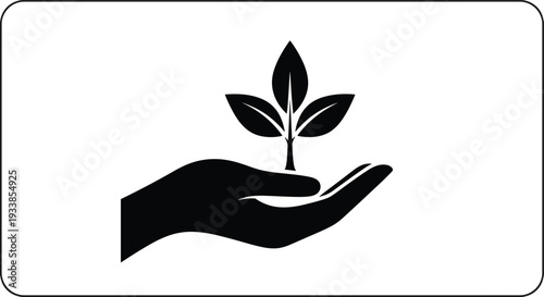 Black silhouette of a human hand holding a small growing plant with leaves representing environment protection, ecology, and nature conservation.