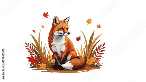 Cute fox sitting in autumn leaves and grass