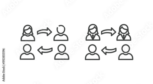 Two distinct vector graphic illustrations depicting bidirectional user icon communication flow and relationship dynamics