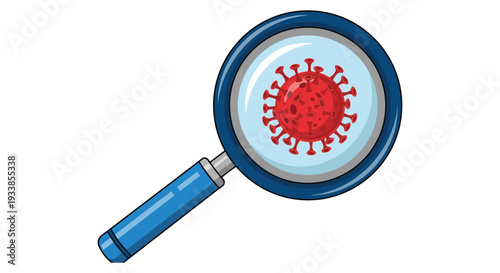 Simple vector graphic illustration of a magnifying glass focusing closely on a red coronavirus particle structure
