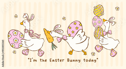 Cute pastel silly easter goose bunny ear running with eggs cartoon cottage spring hand drawn set