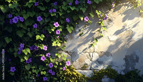 Sunlit Stone Wall Adorned with Vibrant Purple Flowers and Lush Greenery.