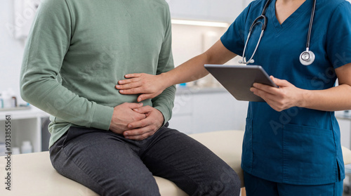 Doctor examines male patient complaining of abdominal pain in a clinic. Medical professional performs stomach check during consultation