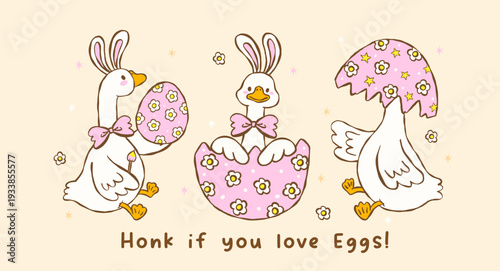 Cute pastel silly easter goose bunny ear sitting in broken egg cartoon cottage spring hand drawn set
