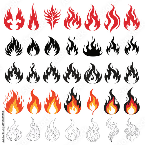 Vector Fire and Flame Icon Set with Silhouette and Line Art Styles.