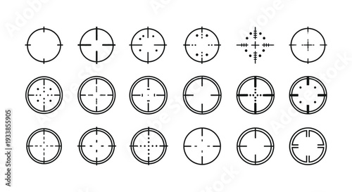 Comprehensive set of vector graphic crosshair illustrations featuring diverse target reticle designs for accuracy and focus.