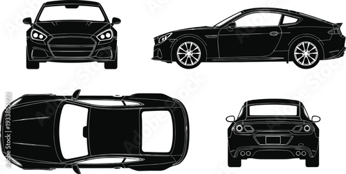 Sports car silhouette illustration set, automotive design artwork, vehicle profile vector design, engineering graphic icon, black white racing symbol