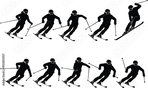 Skiing silhouette illustration set, winter sport artwork, skier motion vector design, athletic graphic icon, black white slope technique symbol