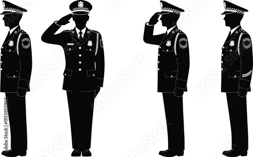 Uniformed officer silhouette illustration set, military salute artwork, law enforcement vector design, authority graphic icon, black white discipline symbol