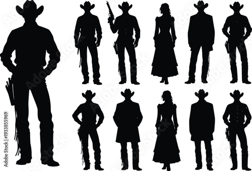 Western cowboy silhouette illustration set, frontier culture artwork, classic Wild West vector design, ranch lifestyle graphic icon, black white outlaw symbol