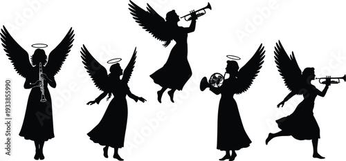 Angel musician silhouette illustration set, religious icon artwork, musical performance vector design, spiritual graphic motif, black white halo symbol