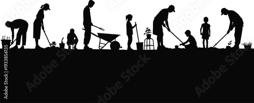 Gardening silhouette illustration set, community outdoor artwork, environmental activity vector design, teamwork graphic icon, black white sustainable symbol