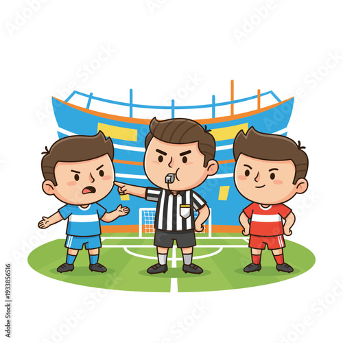 Cartoon Referee and Soccer Players Discussing.