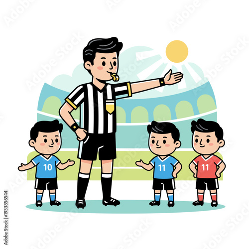 Referee Explaining Rules to Young Soccer Players.
