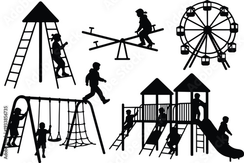 Playground silhouette illustration set, outdoor recreation artwork, childhood activity vector design, play equipment graphic icon, black white fun symbol