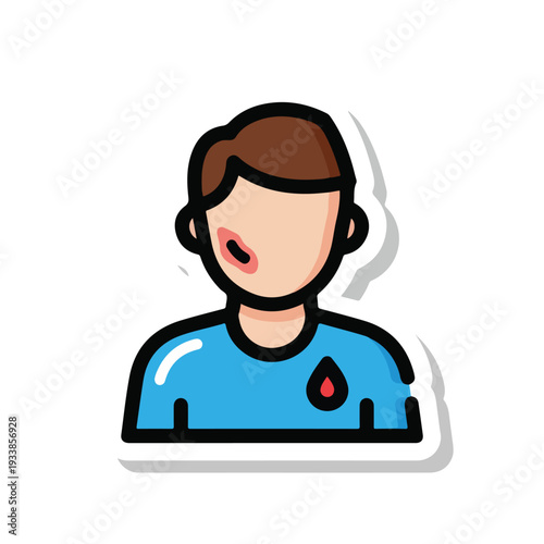 A cartoon man with a bruised eye and a tear drop on his blue shirt is shown from the front view