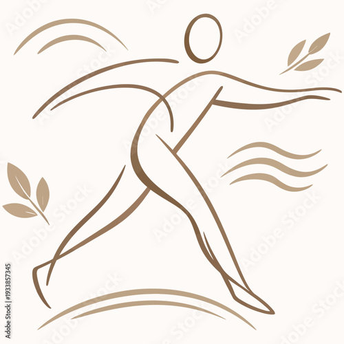 Dynamic figure in motion with leaves and waves