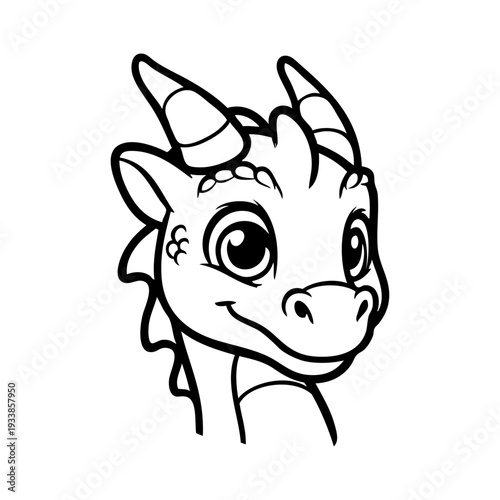 Dibujo sencillo con líneas de la cabeza de un bebé dinosaurio o dragón simpático