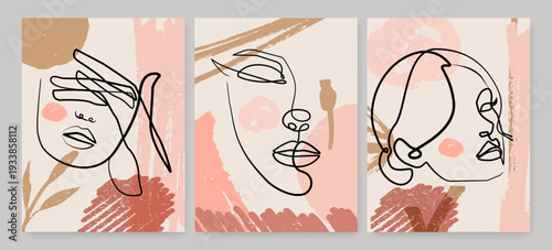 Set of Aesthetic Contemporary Wall Art Posters with Abstract Minimal Woman Head Drawings in Line Art Elegant Style. Female Face Elegant Linear Design. Wall Art Boho Background in Minimalist Style
