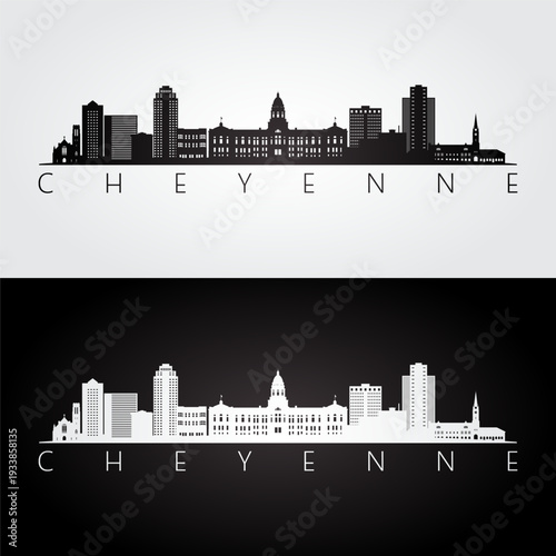 Cheyenne, WY skyline and landmarks silhouette, black and white design, vector illustration.  