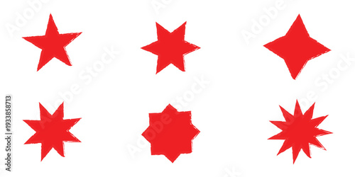 Set of red chalk drawing stars. Shine or sparkle doodle collection. Children style yellow wax pencil hand drawing elements of night sky. Crayon scratch grunge texture star shapes