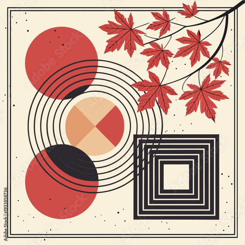 Minimalist illustration of a person walking and looking at a phone within an abstract geometric frame, using red, black, and yellow.
