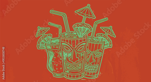 Tiki Cocktail Bar Illustration with Tropical Mai Tai Glasses, Exotic Totem Masks and Beverage Umbrellas in Mint Green Line Art on Orange Background