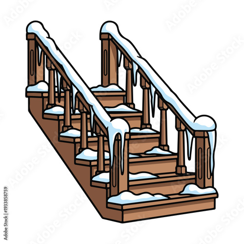 Snow-covered wooden staircase illustration viewed from above, showcasing icy railings and steps in a winter environment