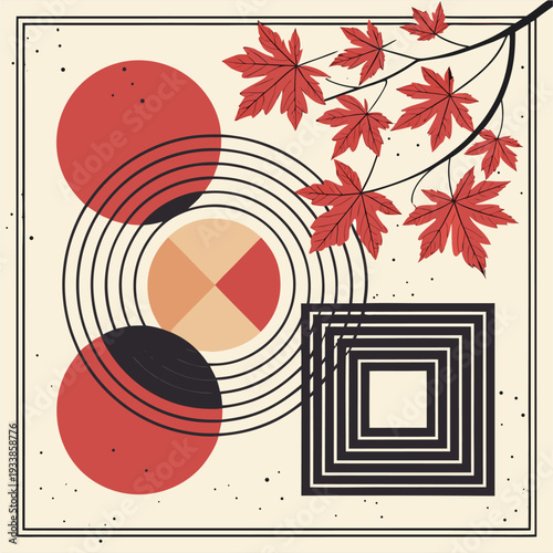 Minimalist illustration of a person walking and looking at a phone within an abstract geometric frame, using red, black, and yellow.
