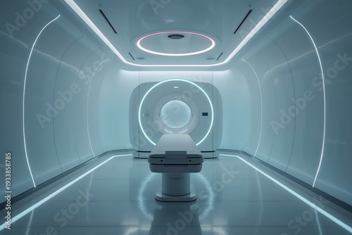 A medical imaging room contains a CT scanner with a clean, modern interior. The room has bright lighting and smooth lines. The space is ready for a patient to undergo a CT scan.