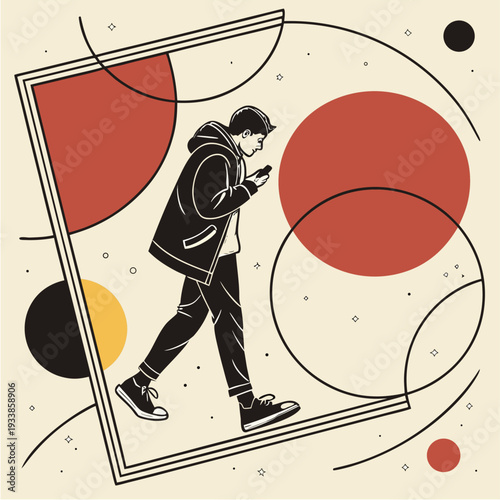Minimalist illustration of a person walking and looking at a phone within an abstract geometric frame, using red, black, and yellow.
