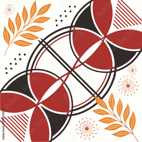 Minimalist illustration of a person walking and looking at a phone within an abstract geometric frame, using red, black, and yellow.
