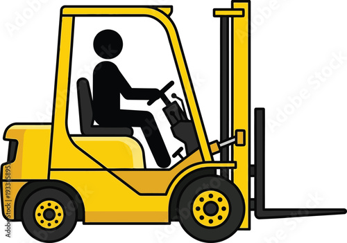 A person operates a yellow forklift with raised forks on a white background industrial vehicle for lifting heavy loads